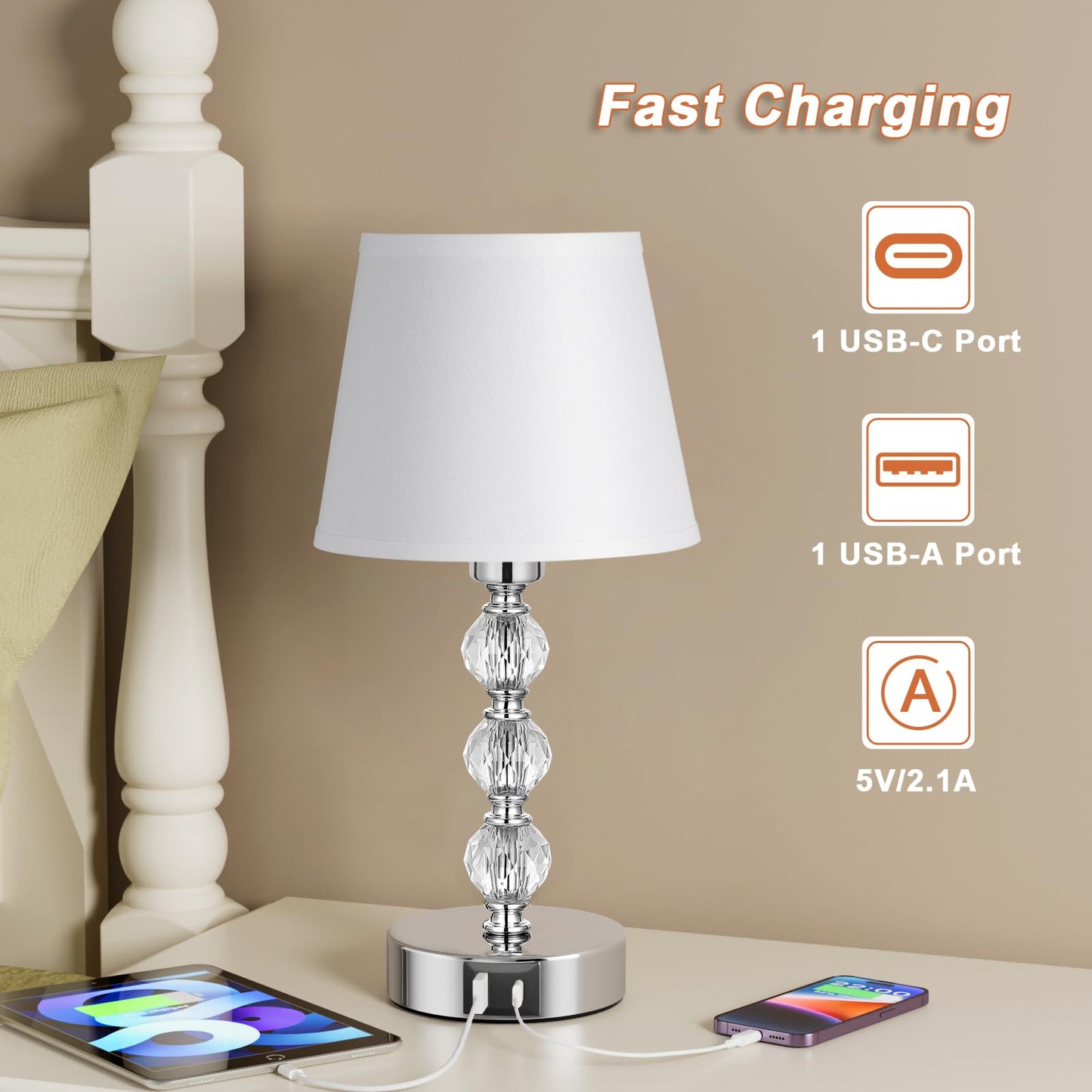 Aooshine Bedside Table Lamp, Crystal Touch Lamps Bedside with USB C+A Charging Ports, Small Bedside Lamp with 3 Way Dimmable, Bedroom Lamp with White Fabric Shade for Living Room (LED Bulb Included) A-crystal