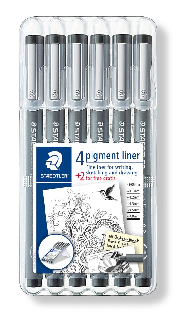 STAEDTLER ‎308 SB6P Pigment Liner Fineliner Pens with Assorted Line Width - Black (Set of 4 + 2 Free) 6 count (Pack of 1) Mixed set Letter Print