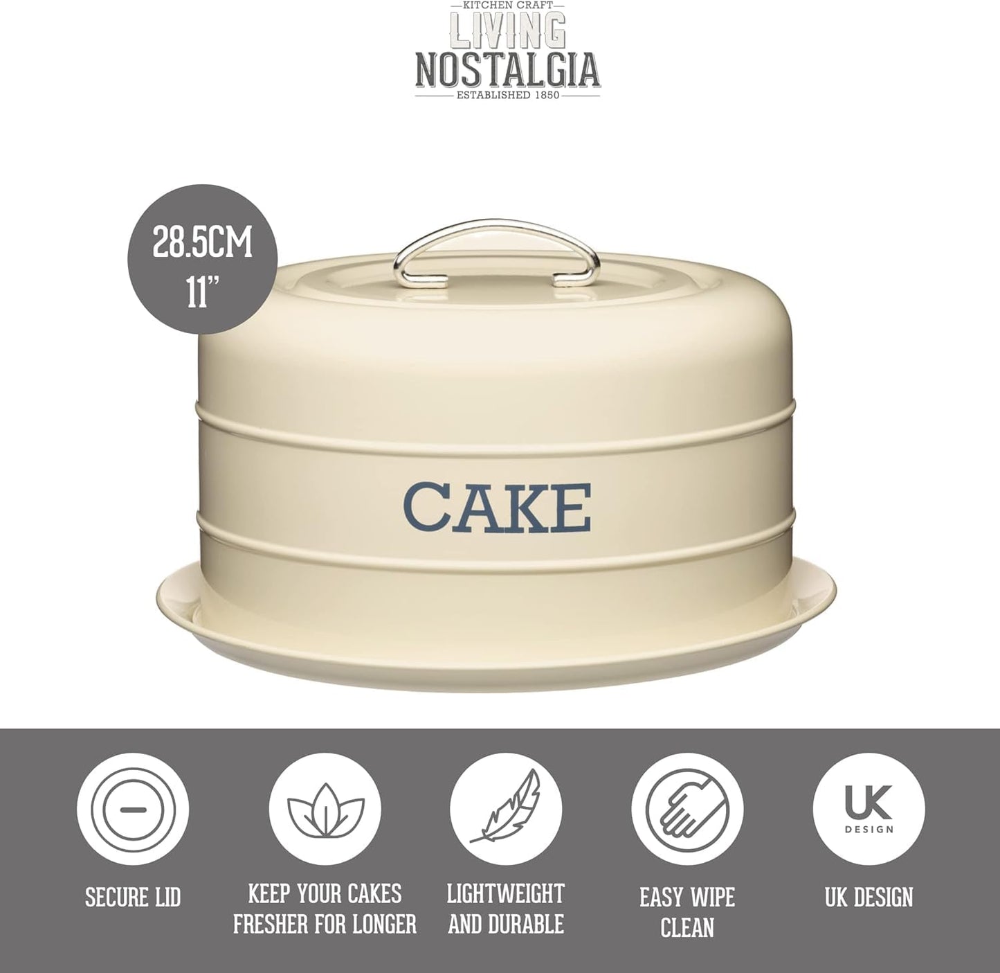 KitchenCraft Living Nostalgia Cake Tin Storage, Airtight Cake Storage Tin / Cake Dome, 28.5 x 18 cm, Antique Cream Single