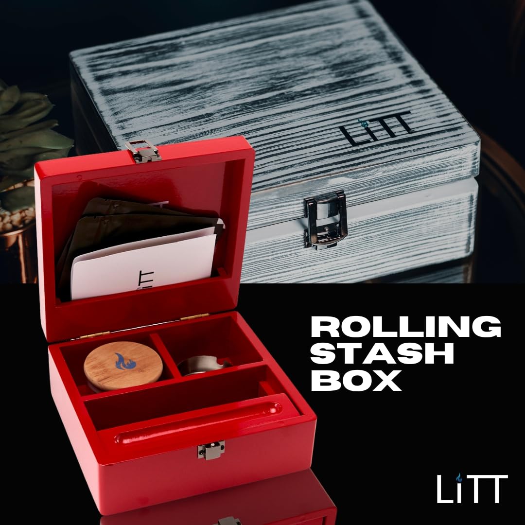 LITT Original Stash Box -Wooden Storage Rolling Box including accessories; airtight smell proof container, bags tray and more the Ultimate Discreet Accessory Organise Your Stash in style- Black