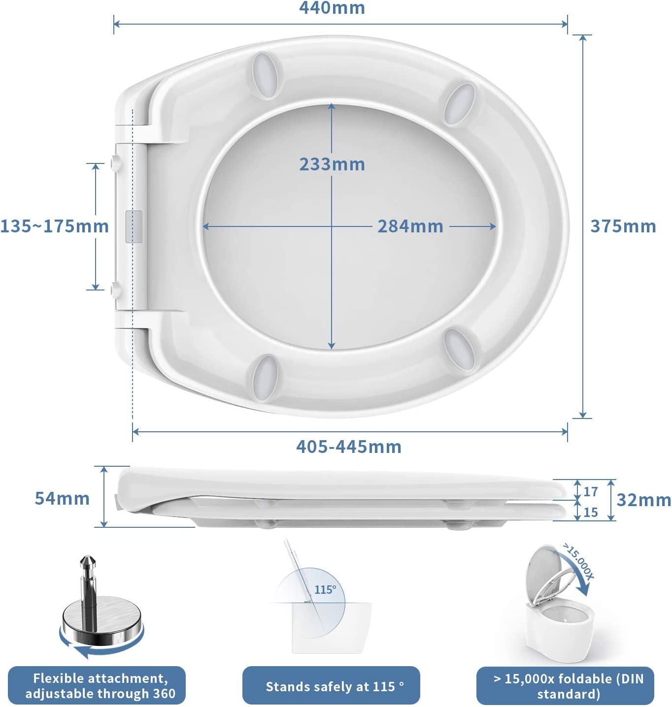 Toilet Seat, MUJIUSHI Soft Close Toilet Seats with Non-Slip Seat Bumpers & Metal Screw Bolts, Fit Standard Round Toilet, Quick Release No Slam White Toilet Lid with Cover, Easy to Install & Clean White - O Shape