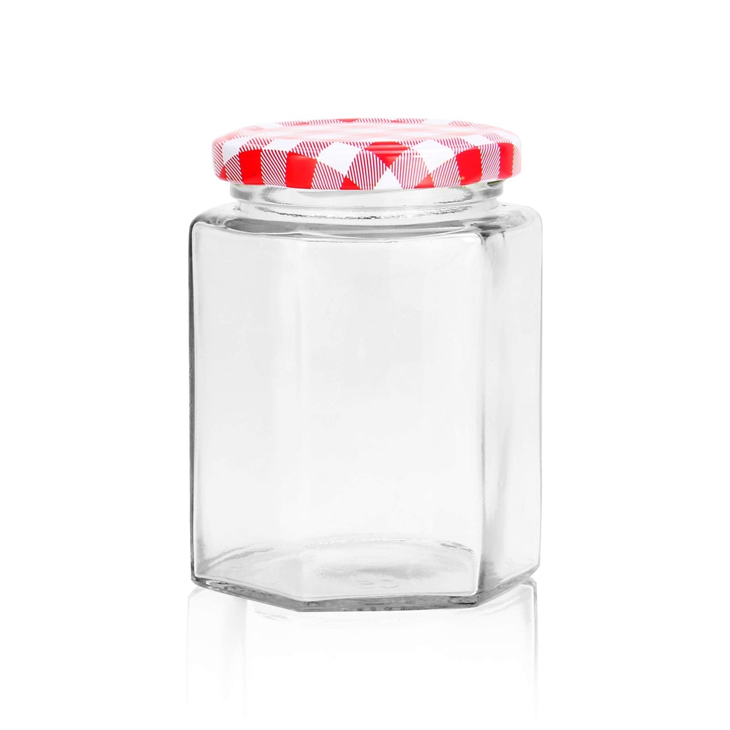 Hexagonal Mouth Glass Jam Jars - Set of 24 | 250ml Capacity | Glass Preserve Pots | Screw Top | Gingham Lids | Airtight Pickle & Sauce Jars | M&W