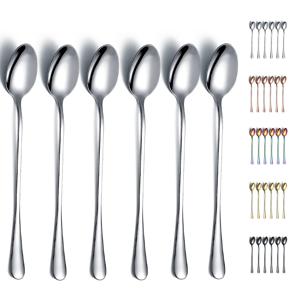 Iced Teaspoons, Kyraton Stainless Steel 19 cm Long Handle Mixing tirring Bar Spoons, Ice Cream Spoons, Cocktail Spoons, Latte Spoons Pack of 6 1. 6 Pieces Silver