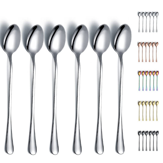 Iced Teaspoons, Kyraton Stainless Steel 19 cm Long Handle Mixing tirring Bar Spoons, Ice Cream Spoons, Cocktail Spoons, Latte Spoons Pack of 6 1. 6 Pieces Silver