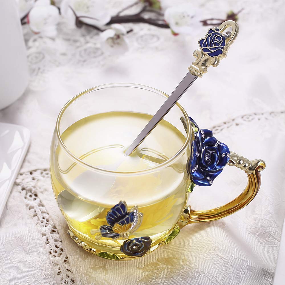 evecase Enamels Butterfly Flower Tea Cup/Coffee Mug with Spoon Set, Gifts for Women Wife Mum Teacher Friends Valentines Christmas Birthday Mothers Day Gifts Blue