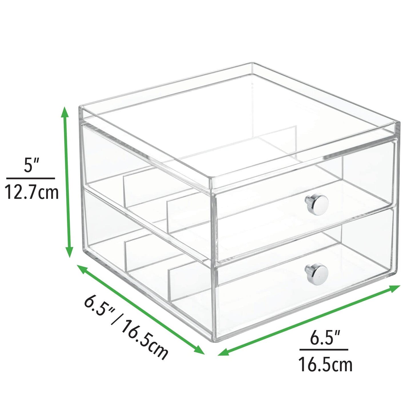 mDesign Glasses Display Case — Eyeglasses Storage Box with 2 Divided Drawers — Spectacle Storage Unit Clear