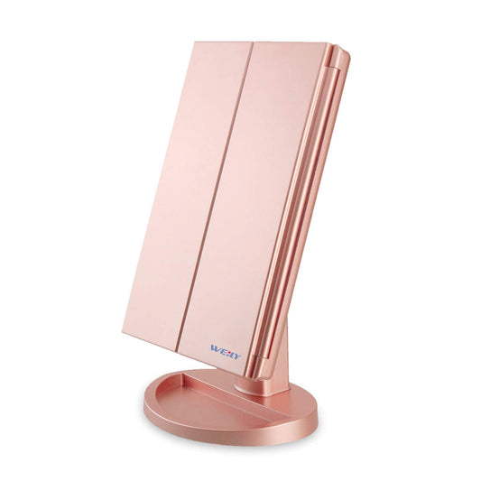 WEILY Vanity Makeup Mirror,1x/2x/3x Tri-Fold Makeup Mirror with 21 LED Lights and Adjustable Touch Screen Lighted Mirror Dressing Mirrors (Rose Gold) Rose Glod