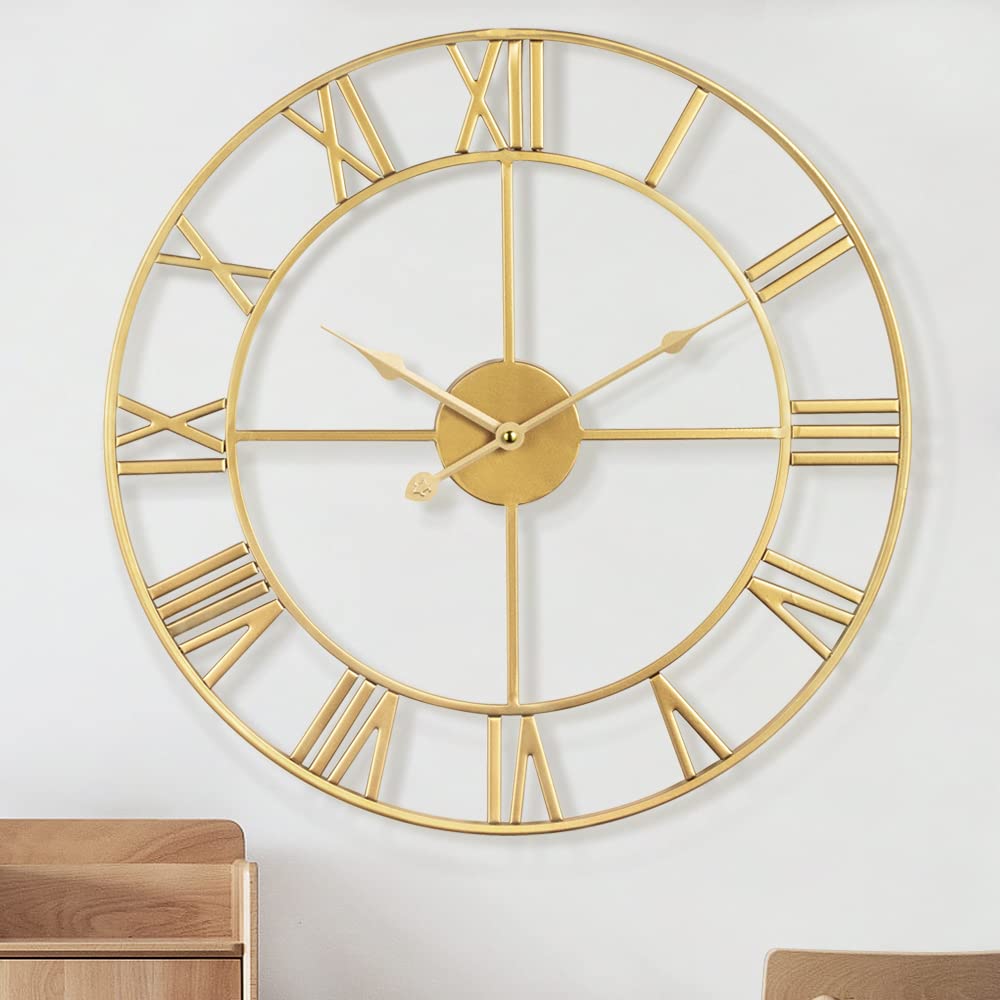 HAITANG Roman Retro Large Wall Clock Round Metal Silent Non Ticking Battery Operated 40CM /16 Inches Gold Roman Numerals Clocks for Living Room,Bedroom,Kitchen Decor-40cm