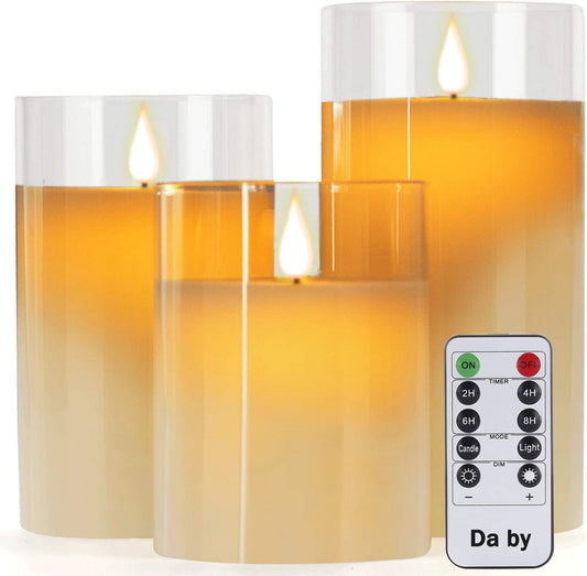 Da by Flameless Candles with Glass Effect H 10/12.5/15 cm Set of 3 Drip-Less Real Wax Pillars Include Realistic Dancing LED Flames and 10-Key Remote Control with 24-Hour Timer Function Glass case#3