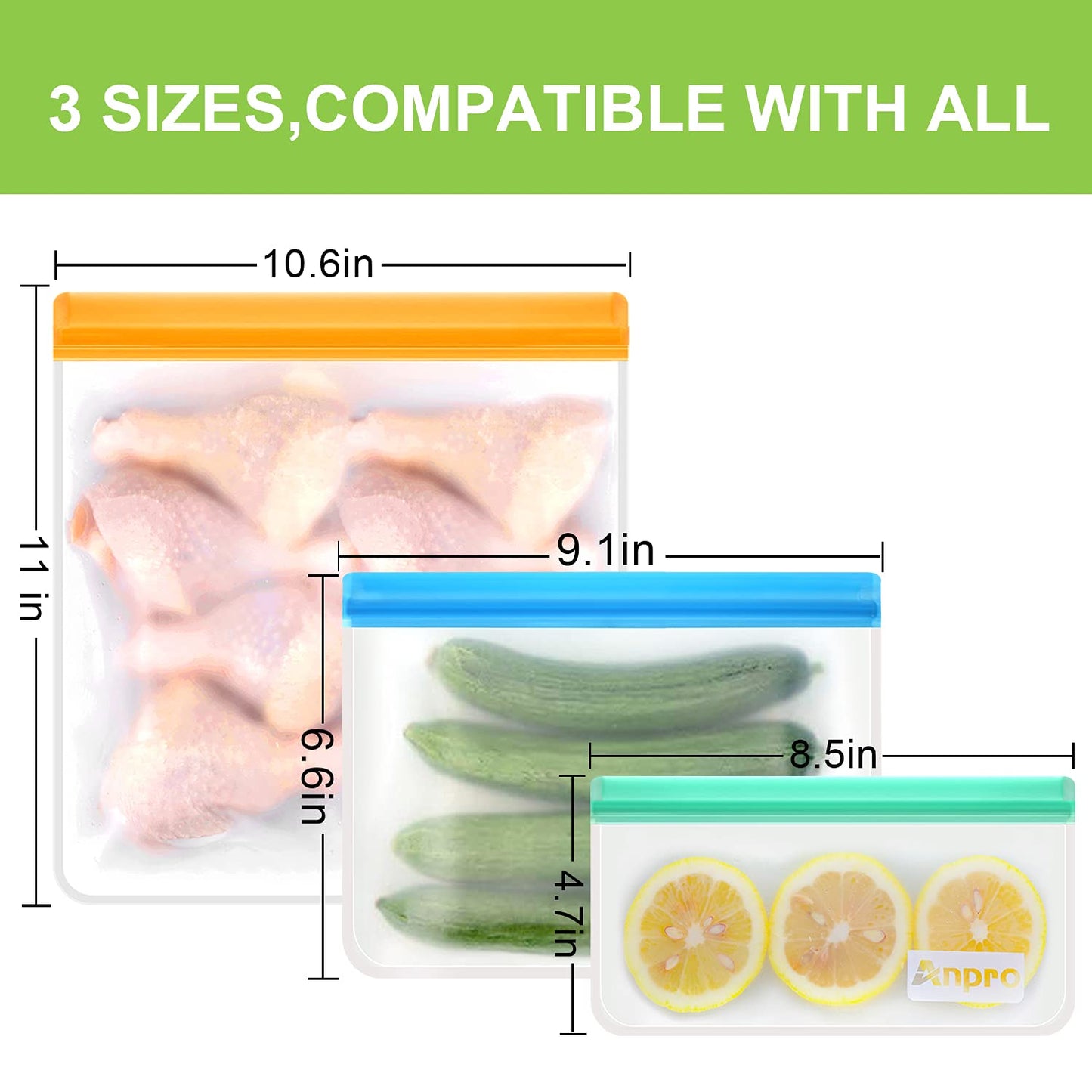 Anpro 11 Pack Reusable Silicone Freezer Bags - Thick BPA Free Reusable Silicone Food Storage Leakproof Ziplock Airtight Container 3 Size For Sandwich, Snacks, Fruits & Vegetables 11pack