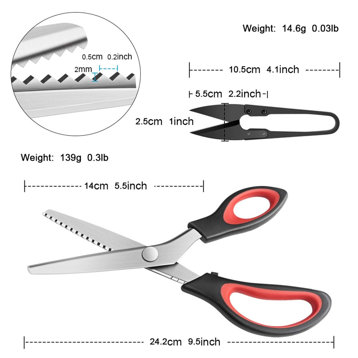 KUONIIY Pinking Shears Serrated, Comfort Grips Handled, Professional Dressmaking Sewing Craft, Zig Zag Cut Scissors, 9 Inch, Black Red