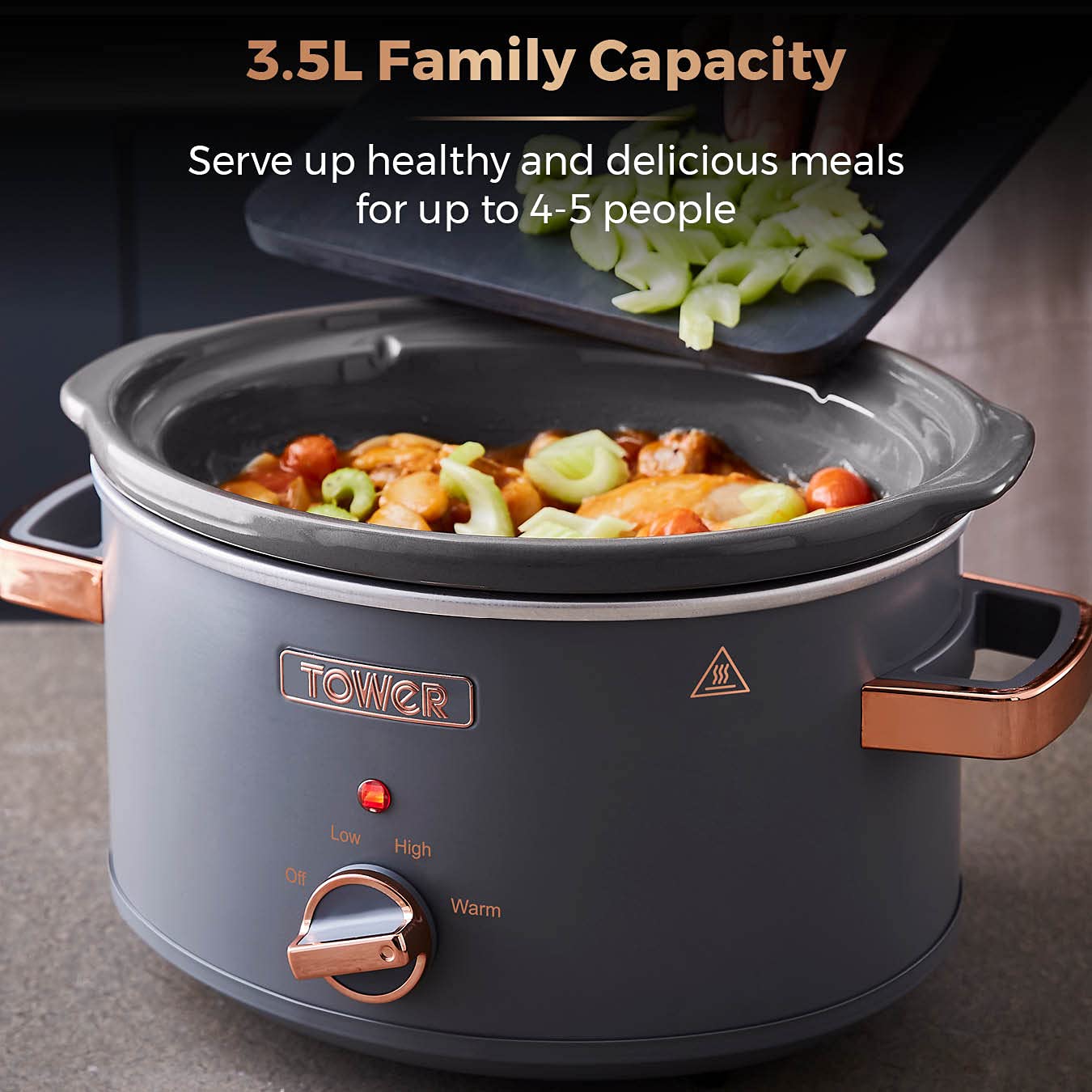 Tower T16042GRY Cavaletto 3,5 Litre Slow Cooker with 3 Heat Settings, Cool Touch Handles, 210W, Grey and Rose Gold 3.5L