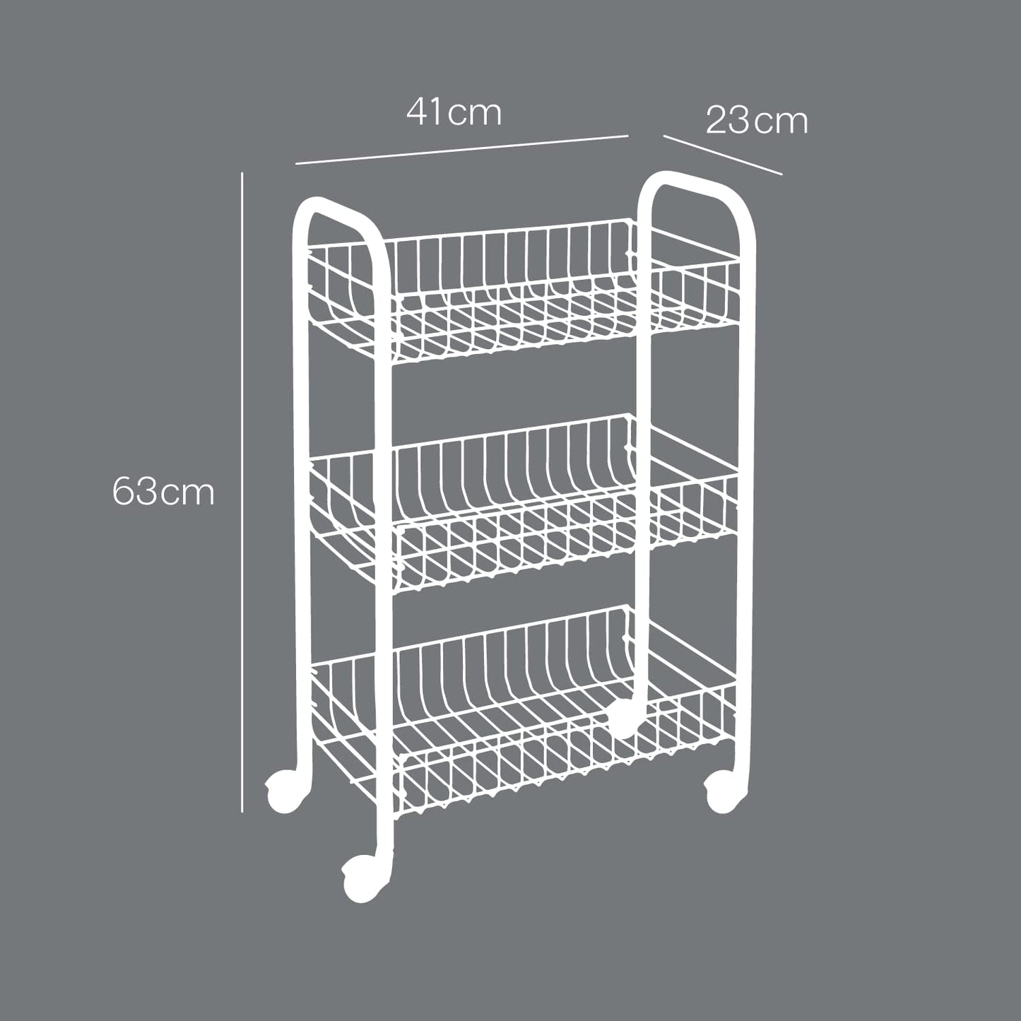 Metaltex Siena 3-Tier Trolley with Wheels - Multipurpose Storage Cart for Home including Kitchen, Bathroom, Office and Garage – White Metal, 400 grams 23 x 41 x 63 cm