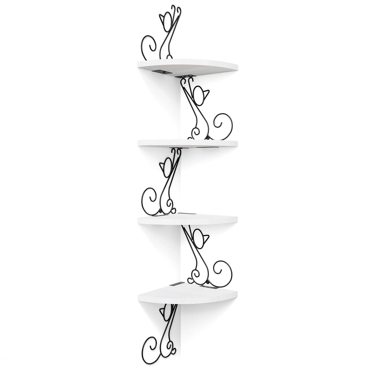 Alsonerbay Corner Shelf Wall Mounted, 4 Tier Cat-shaped Corner Shelves Rustic Wood Floating Shelf Metal Corner Stand for Living Room Bedroom Kitchen Office and More White White + Black