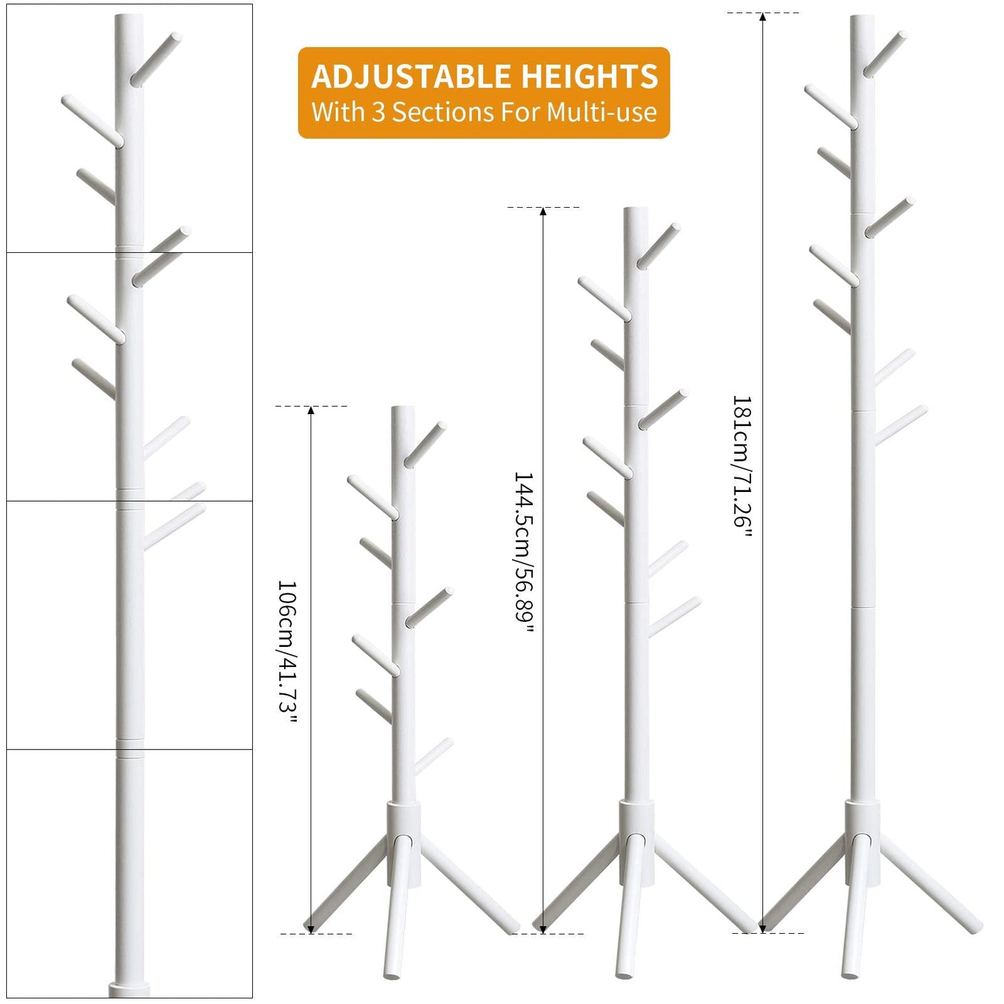 IBUYKE Wood Coat Rack Free Standing, Entryway Hall Tree Coat Tree, Coat Tree with 8 Hooks, for Home or Office Clothes, Scarves, Handbags, White RF-1194 Triangle