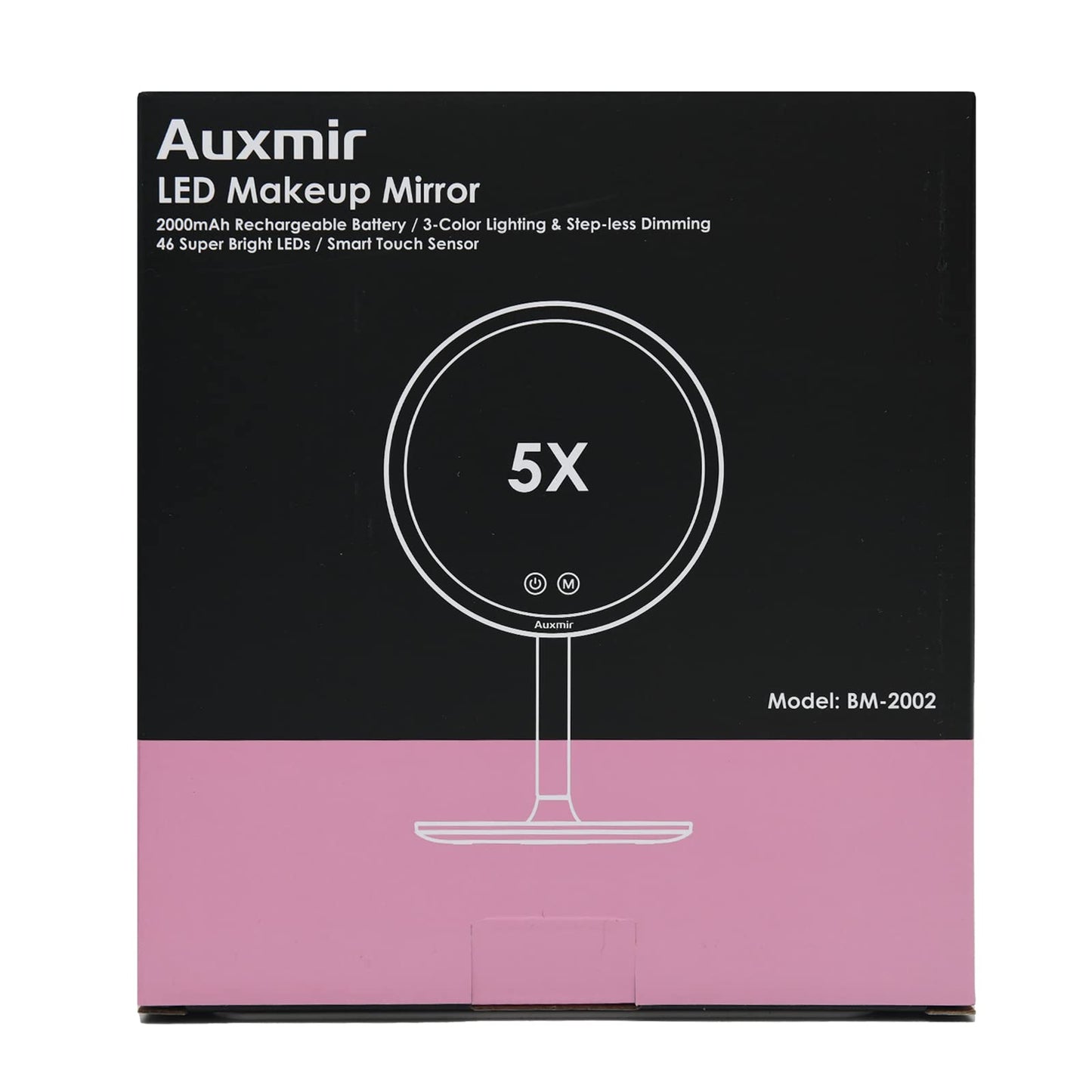 Auxmir Makeup Mirror with Light, Vanity Mirror with 5X Magnification, Dimmable Illuminated Led Dressing Mirror, 3 Lighting Modes & Touch Control, Rechargeable Cosmetic Mirror on Stand for Table Desk 1X/5X-USB Rechargeable