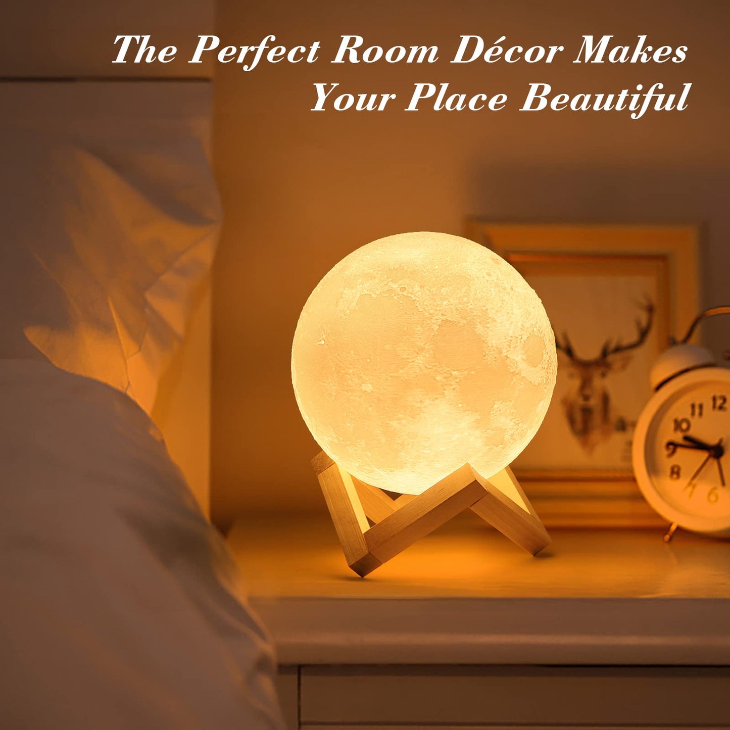 Methun 3D Moon Lamp with 5.9 Inch Wooden Base - Mother's Day LED Night Light, Mood Lighting with Touch Control Brightness for Home Décor, Bedroom, Gifts for Women Kids Birthday - White & Yellow 5.9 inches