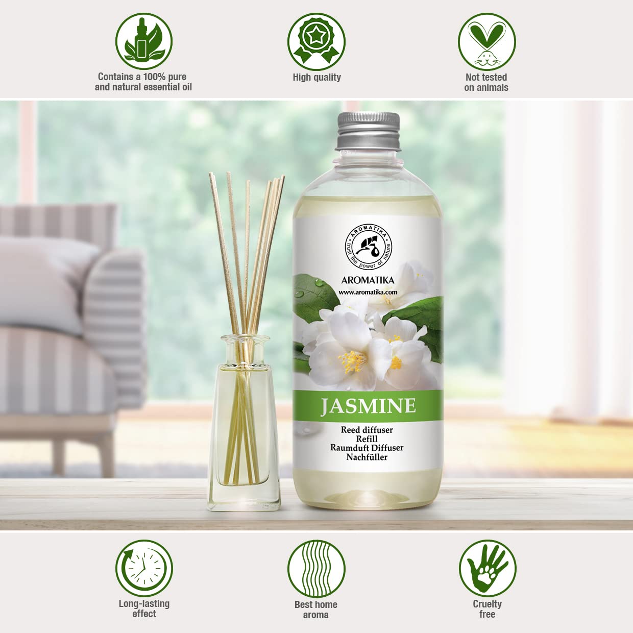 Jasmine Diffuser Refill w/Natural Essential Jasmine Oil 500ml - Best for Aromatherapy - Intensive - Fresh & Long Lasting Fragrance - Scented Reed Diffuser - Great Room Air Fresheners 500ml (Pack of 1)