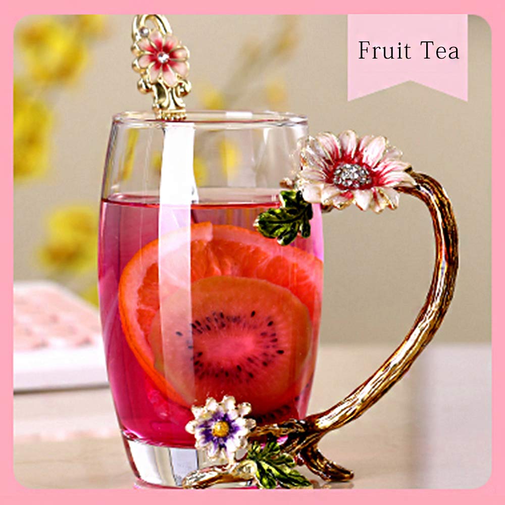 PPEA Enamel Sunflower Crystal Lead-Free Glass Tea Cup with Spoon Set, Present for The Christmas, Valentine's Day.Best Present for Mother, Grandma, Girlfriend, Sister. 11oz / 320ml Carton Package