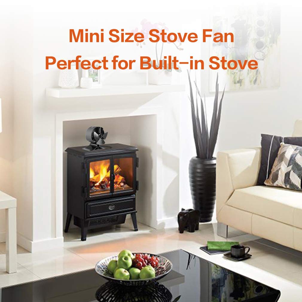 CRSURE Log Burner Fan-Small Size Upgrade 4 Blades Wood Stove Fan Heat Powered Fan for Wood Burner/Fireplace Fan Silent Operation Eco Friendly&Increased Efficient with Stove Thermometer