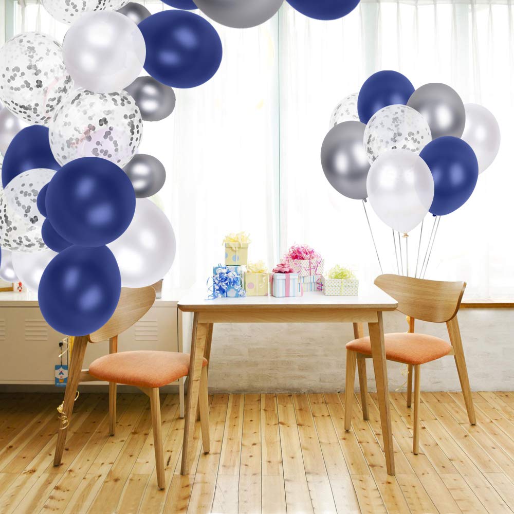 SKYIOL Navy Blue and Silver Balloons Dark Blue Silver Pearl White Helium Balloons Pack 50 Pcs 12 inch Confetti Metallic Latex Balloon for Boys Birthday Wedding Baby Shower Graduation Party Decoration Blue Pearl White Silver