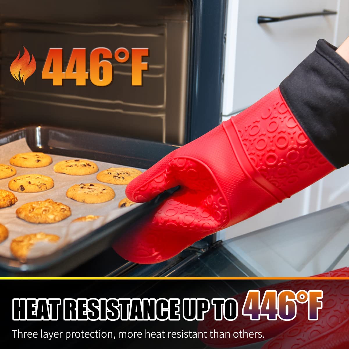 Silicone Oven Gloves, Sopito Heat Resistant Silicone Oven Mitts, Extra Long Non-Slip Oven Glove for Kitchen Heatproof 446 F (Red, 1 Pair) Red