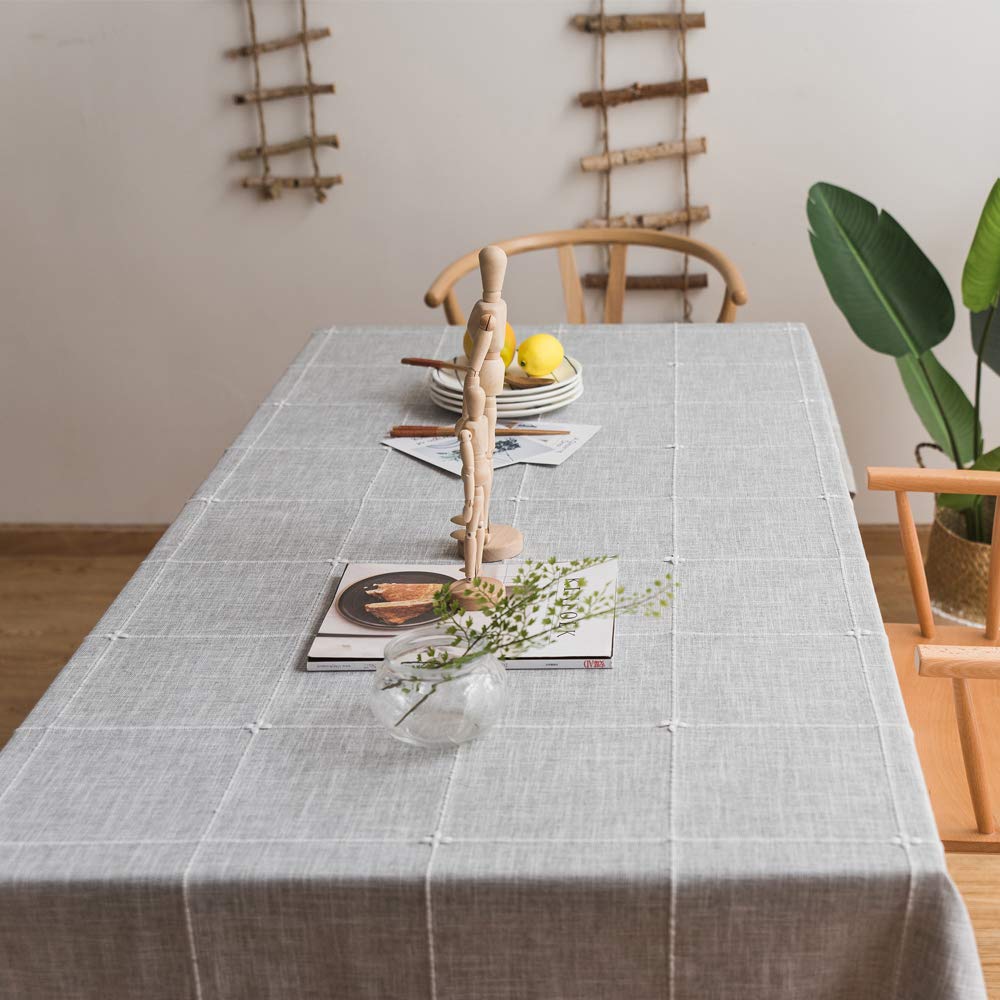 Plenmor Heavy Duty Cotton Linen Tablecloth for Rectangular Tables Solid Embroidery Lattice Table Cloth for Kitchen Dinning Tabletop Decoration (135x220 cm, Grey) 135x220 cm Gray