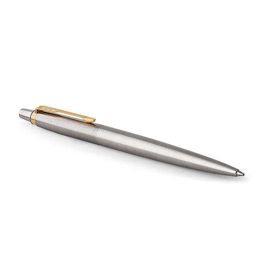 Parker Jotter Ballpoint Pen | Stainless Steel with Golden Trim | Medium Point Blue Ink | Gift Box