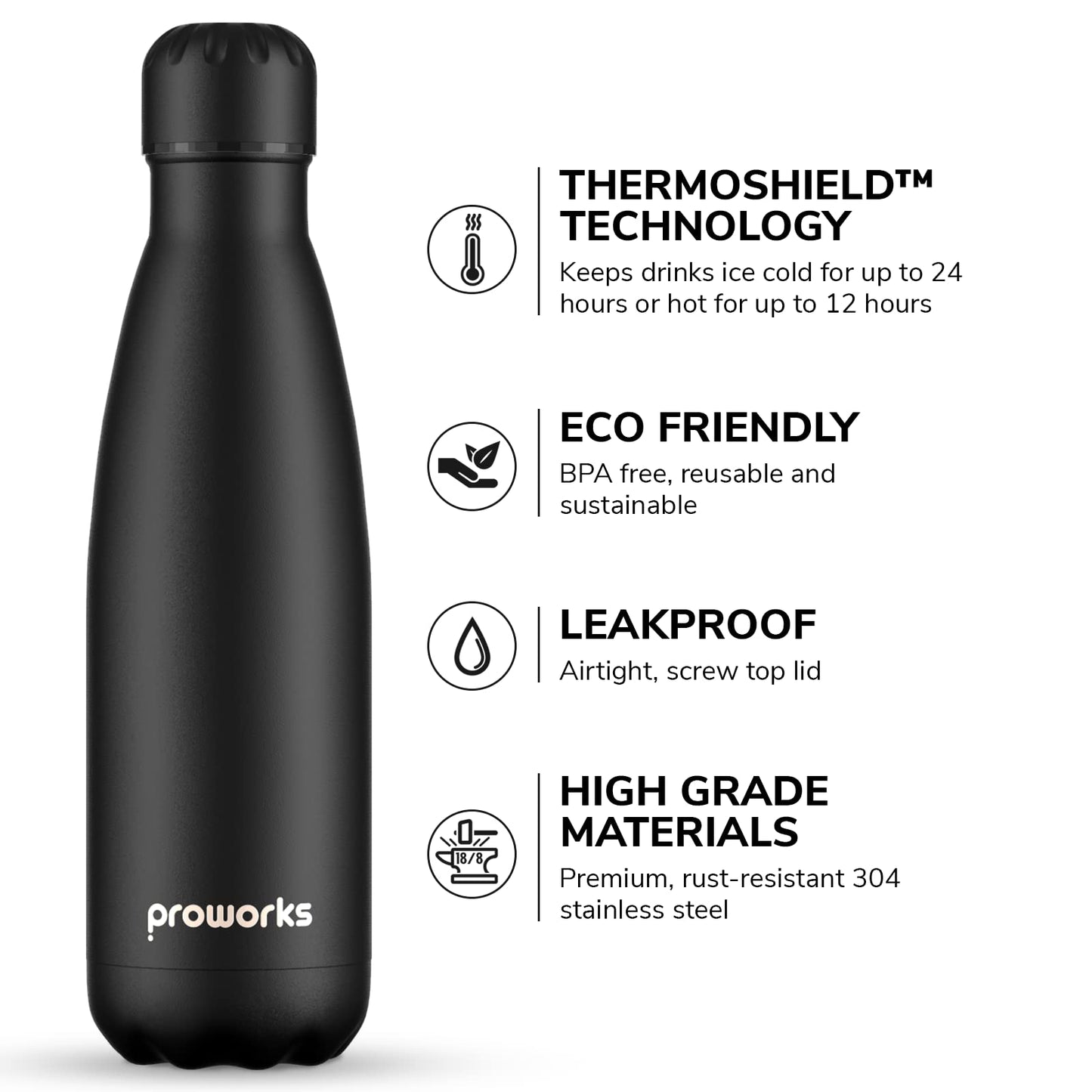 Proworks Performance Stainless Steel Sports Water Bottle | Double Insulated Vacuum Flask for 12 Hours Hot & 24 Hours Cold Drinks - Great for Home, Work, Gym & Travel - 1L - BPA Free – All Black 1 Litre