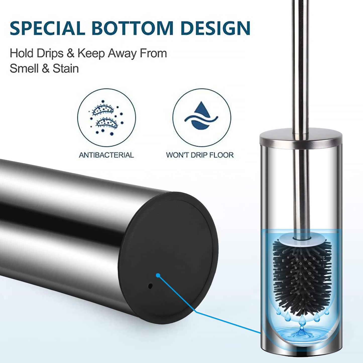 Bingobang Toilet Brush and Holder,Stainless Steel Lid Handle,Silicone Deep Cleaner Toilet Brushes with Quick Drying Holder Set for Bathroom Toilet(Silver) Silver