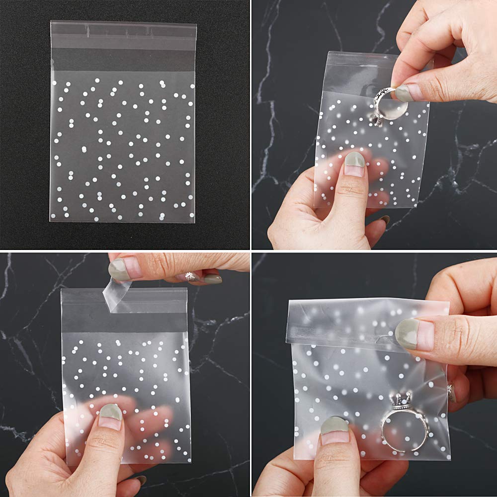 200 Pcs Clear Plastic Bags Thickened Self-adhesive Small Gift Bags Clear White Polka Dot Packaging Bag Party Candy Chocolate Bag 7x7.3cm+2.4cm