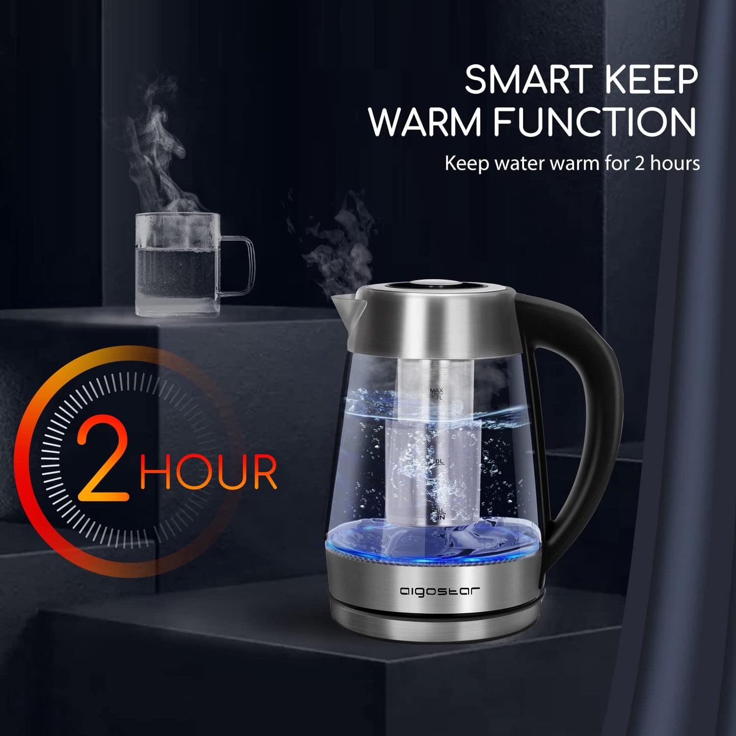 Aigostar Electric Glass Kettle with Variable Temperature, Keep-Warm, Detachable Tea Filter Infuser, Auto Shut-Off & Boil-Dry Protection, 2200W, 1.7L, BPA-Free - Cris 30OSX.