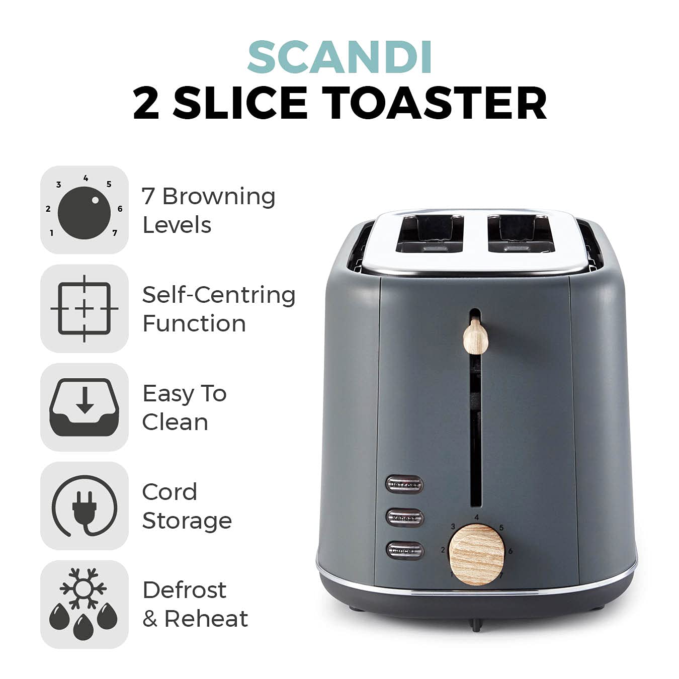 Tower Scandi T20027G 2 Slice Toaster with Adjustable Browning Control, Grey with Wood Accents Single