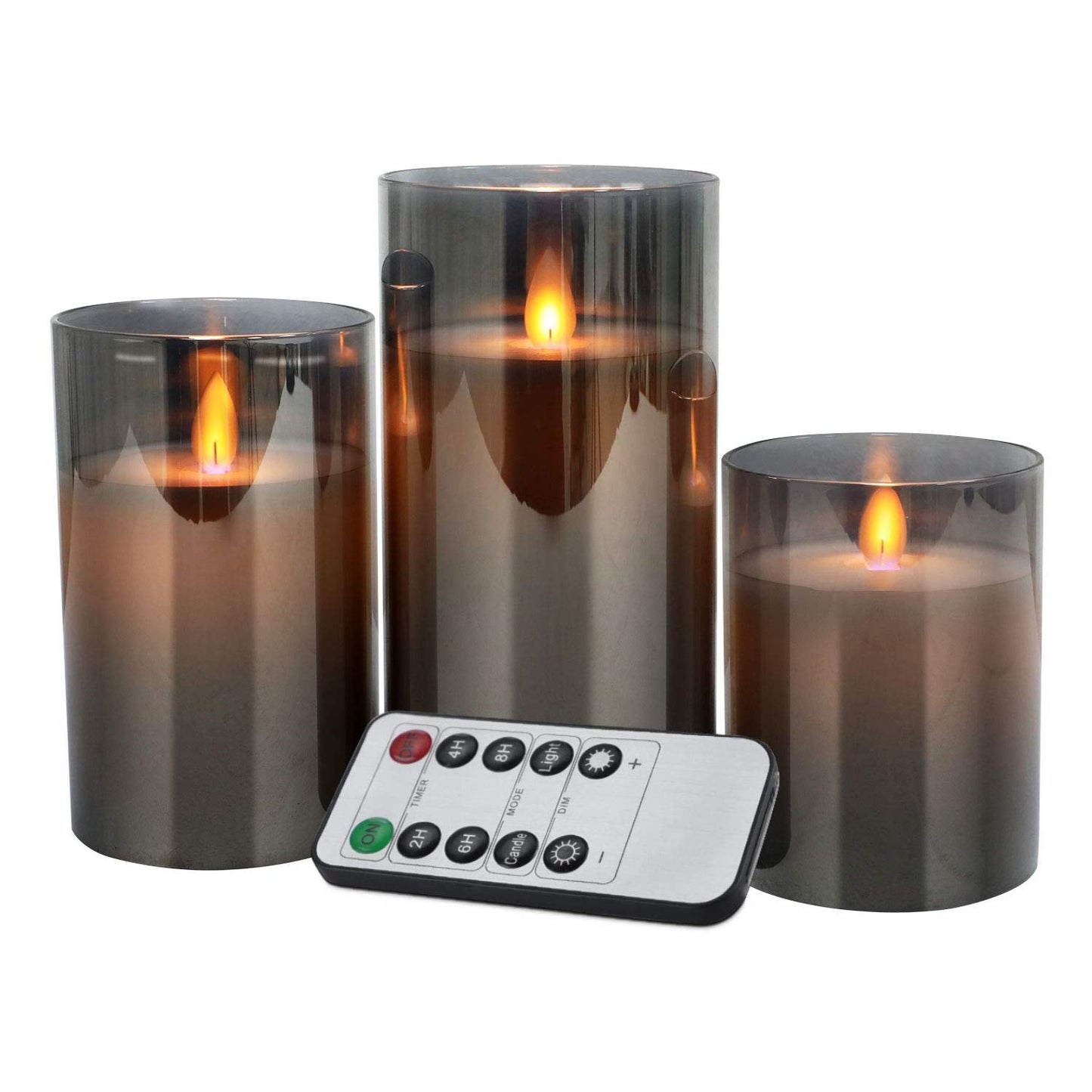 LED Candles Flameless Candles 4" 5" 6" Set of 3 Real Wax Light, Battery Operated Candles Gray Glass Pillars Realistic Flickering Wick Flame Mode, Lantern Candles with Remote Control 24 Hour Timer Grey