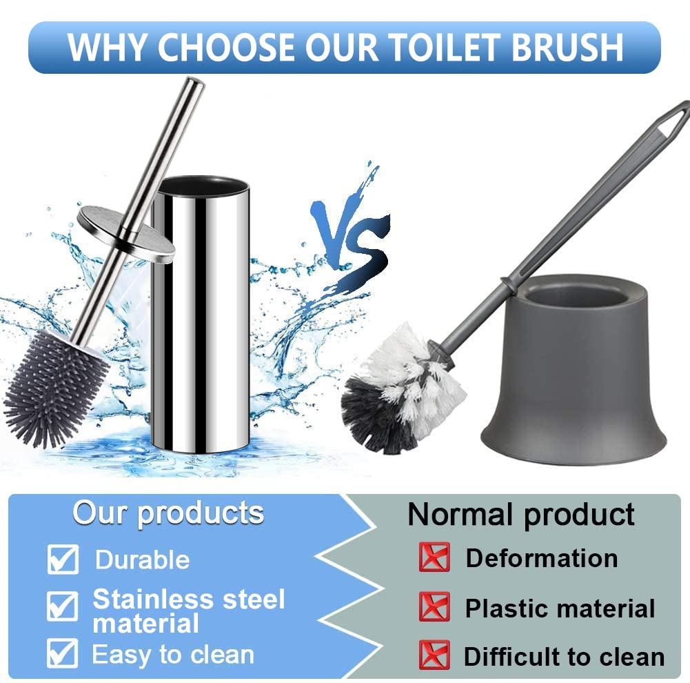 Bingobang Toilet Brush and Holder,Stainless Steel Lid Handle,Silicone Deep Cleaner Toilet Brushes with Quick Drying Holder Set for Bathroom Toilet(Silver) Silver