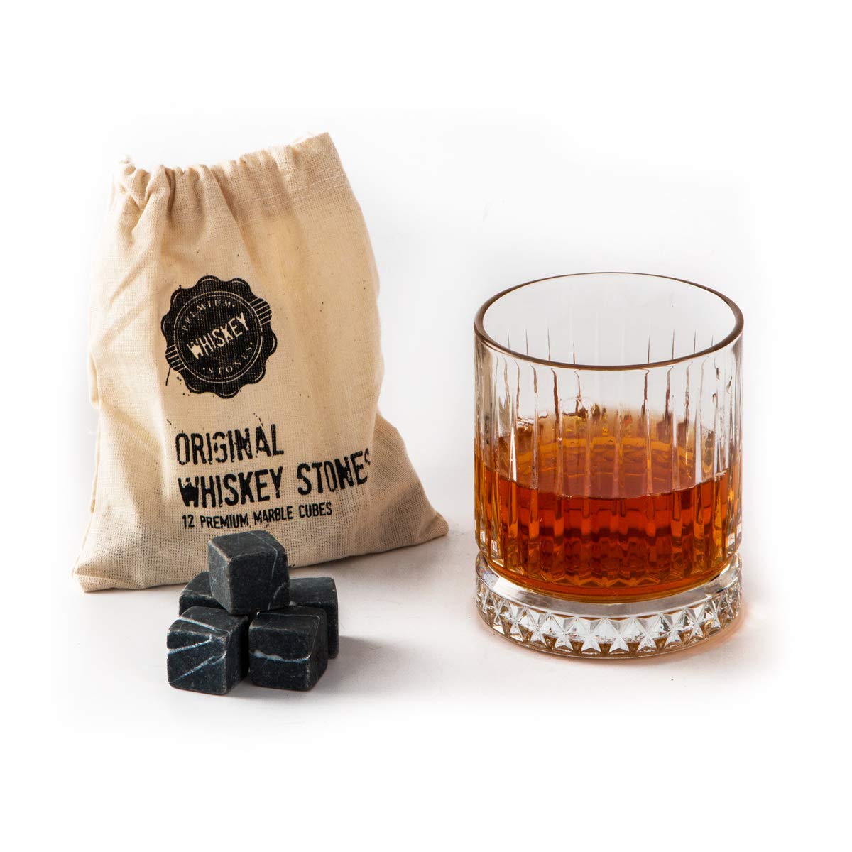 Whisky Gift Set - Large Old Fashioned Whisky Glass - 12pcs Whiskey Stones with Gift Box - Perfect Idea as Gift for Dad, Birthday Gift for Men & Women Grey