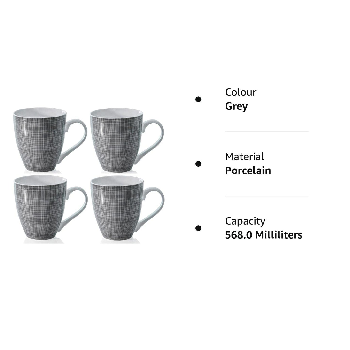 Sketch Set of 4 Mugs Porcelain Extra Large Coffee Soup Hot Cocoa Mugs (Grey), 568ml