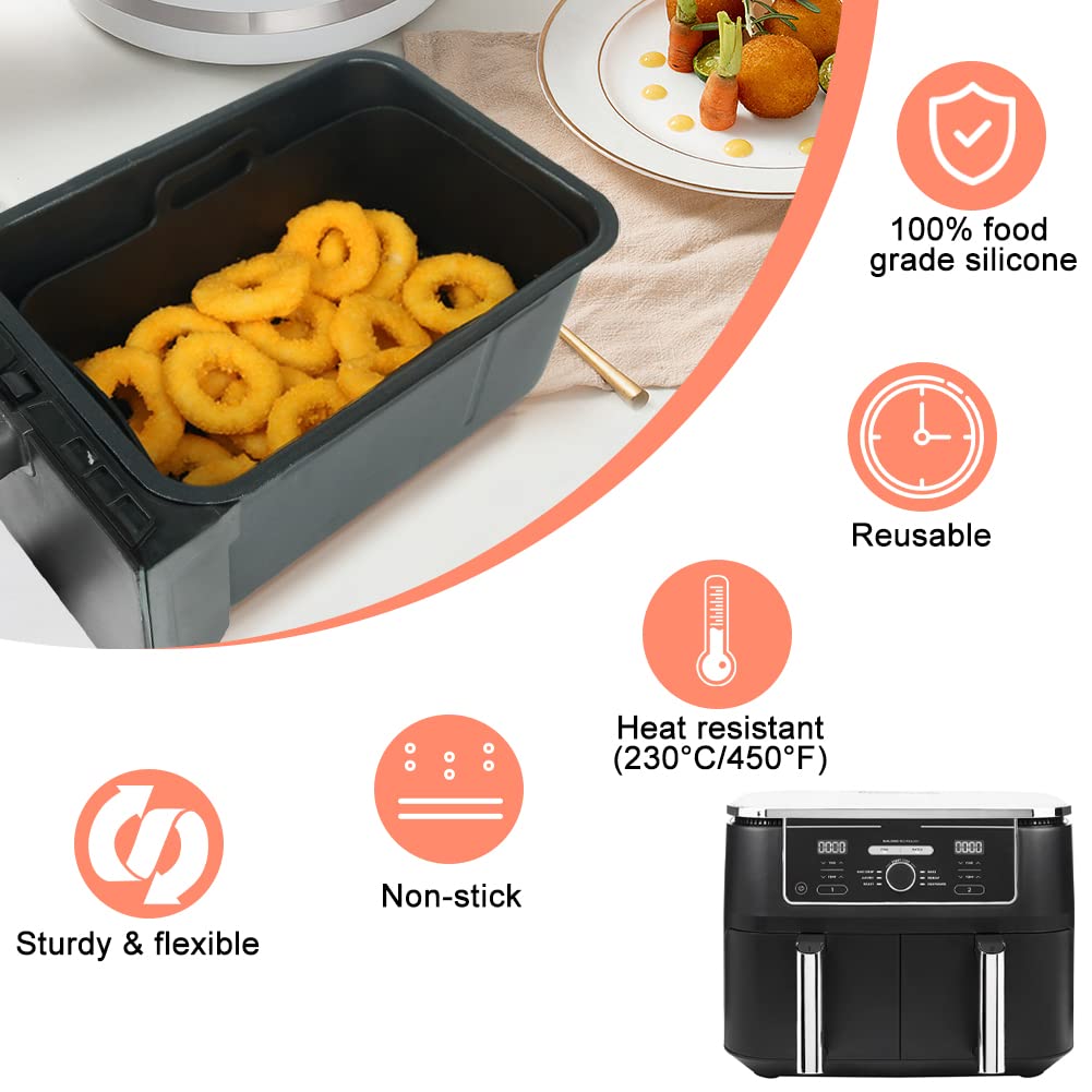 BYKITCHEN Silicone Air Fryer Liners for Ninja Dual 9.5L/Tower 9L/Instant Vortex/Salter, Large Air Fryer Accessories for Ninja AF451UK/AF400UK/EMtronics/Devology & Other 2 Drawer Air Fryer Enlarged Black