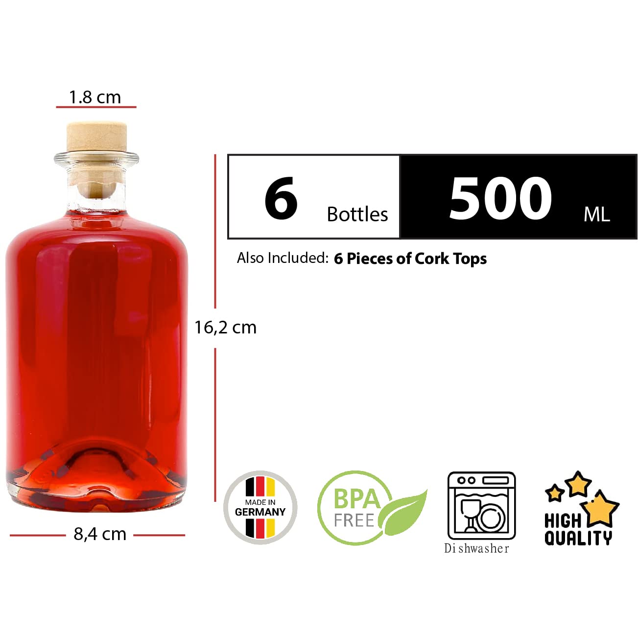 Casavetro 500ml Glass Bottles with Cork Lids 6 Pcs Reusable Airtight Glass Bottle for Home Made Sloe Gin Liqueur Schnapps Wine Cider Soda Vodka Vinegar Oil Chemist Bottles - Apotheker (6 x 500 ml) Pack of 6