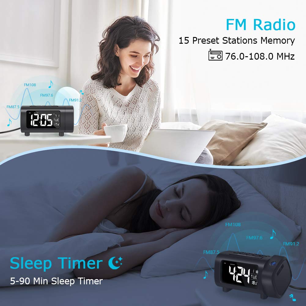 LIORQUE Projection Alarm Clock, Digital Alarm Clocks Bedside with FM Radio, Radio Alarm Clock with Projector, Large VA Display, 4-Level Dimmer, Snooze, Digital Alarm Clock for Bedroom