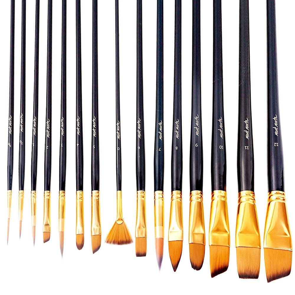 Mont Marte Art Paint Brush Set, 15 Piece. Includes 15 Taklon Bristle Paint Brushes and Easel Wallet with Zip Fastening. Suitable for Acrylic, Oil and Watercolor Painting.