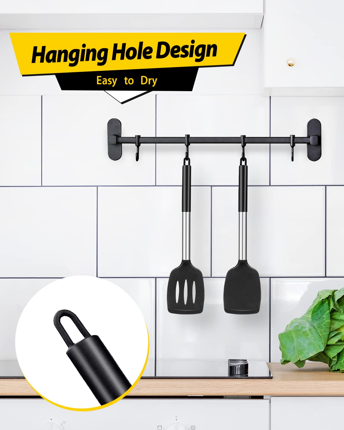 Pack of 2 Silicone Solid Turner,Non Stick Slotted Kitchen Spatulas,High Heat Resistant BPA Free Cooking Utensils,Ideal Cookware for Fish,Eggs,Pancakes (Black) Black