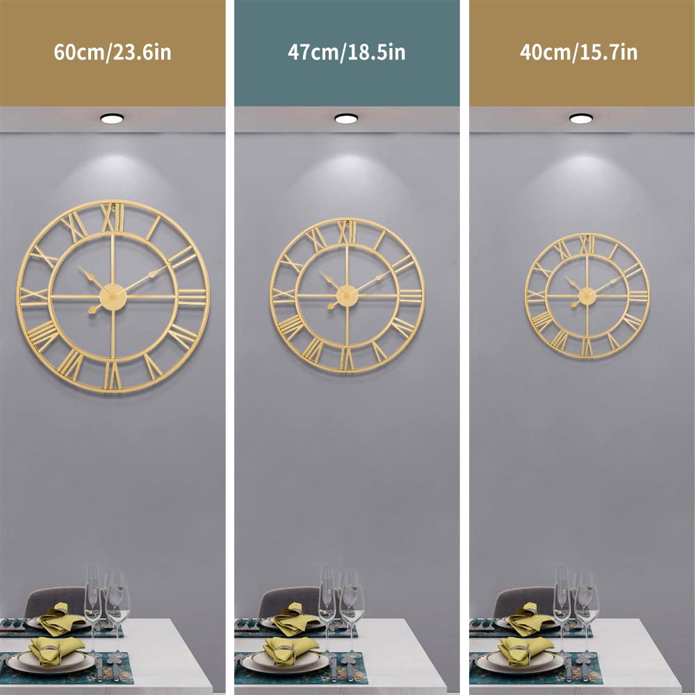 HAITANG Roman Retro Large Wall Clock Round Metal Silent Non Ticking Battery Operated 40CM /16 Inches Gold Roman Numerals Clocks for Living Room,Bedroom,Kitchen Decor-40cm