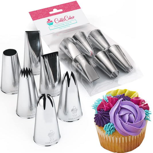 CukkiCakes 6pcs Large Piping Nozzles Set (1M, 2D, 4B, 1A, 124, 895) Icing Nozzles, Piping Tips for Decorating Cakes, Cupcakes - Compatible with Piping Bags - Made in Korea Large Standard Nozzles (L)