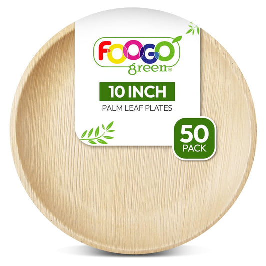 FOOGO Green 50 Disposable Palm Leaf Plates 10"(25cm) Large Round Eco Friendly Biodegradable compostable Plates Like Wooden Plates Paper Plates for Hot Food Wedding Picnic Party Plates Large 10 inch (25cm)