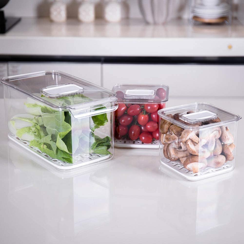 SANNO Fruit Vegetable Fresh Storage Containers Produce Saver FreshWorks Produce - Stackable Refrigerator Kitchen Organizer Keeper, Food Storage Container Bin Keep - Set of 3 1700ml*2+5700ml