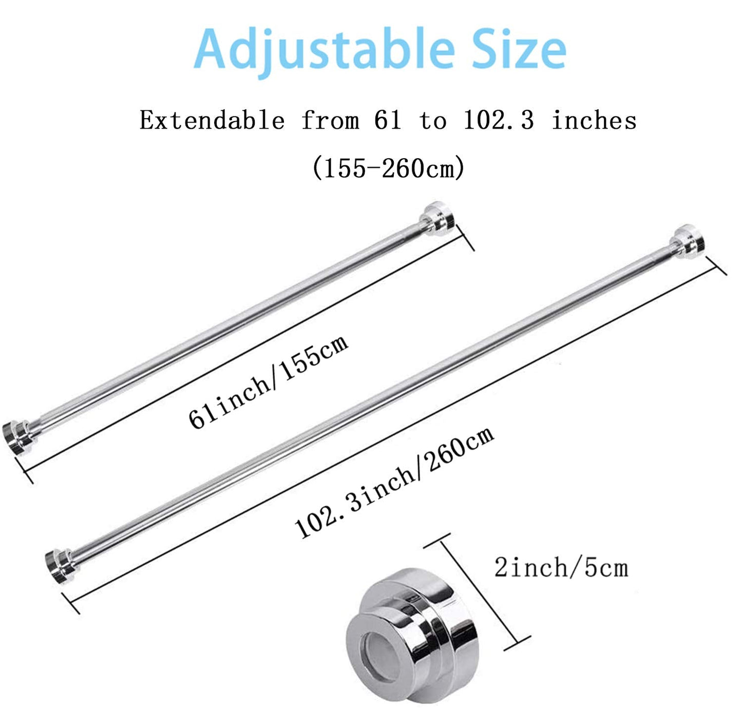 KZGRIT Shower Curtain Rod, Stainless Steel, No Drilling & Rust, Anti-Slip, Adjustable Tension Spring Pole, Extendable Telescopic Rail for Closet, Bathroom, Windows or Doorways(155-260cm) 155-260cm