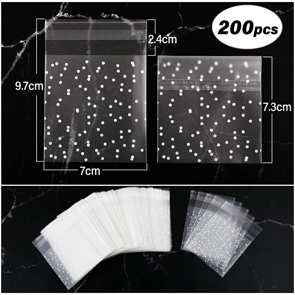 200 Pcs Clear Plastic Bags Thickened Self-adhesive Small Gift Bags Clear White Polka Dot Packaging Bag Party Candy Chocolate Bag 7x7.3cm+2.4cm