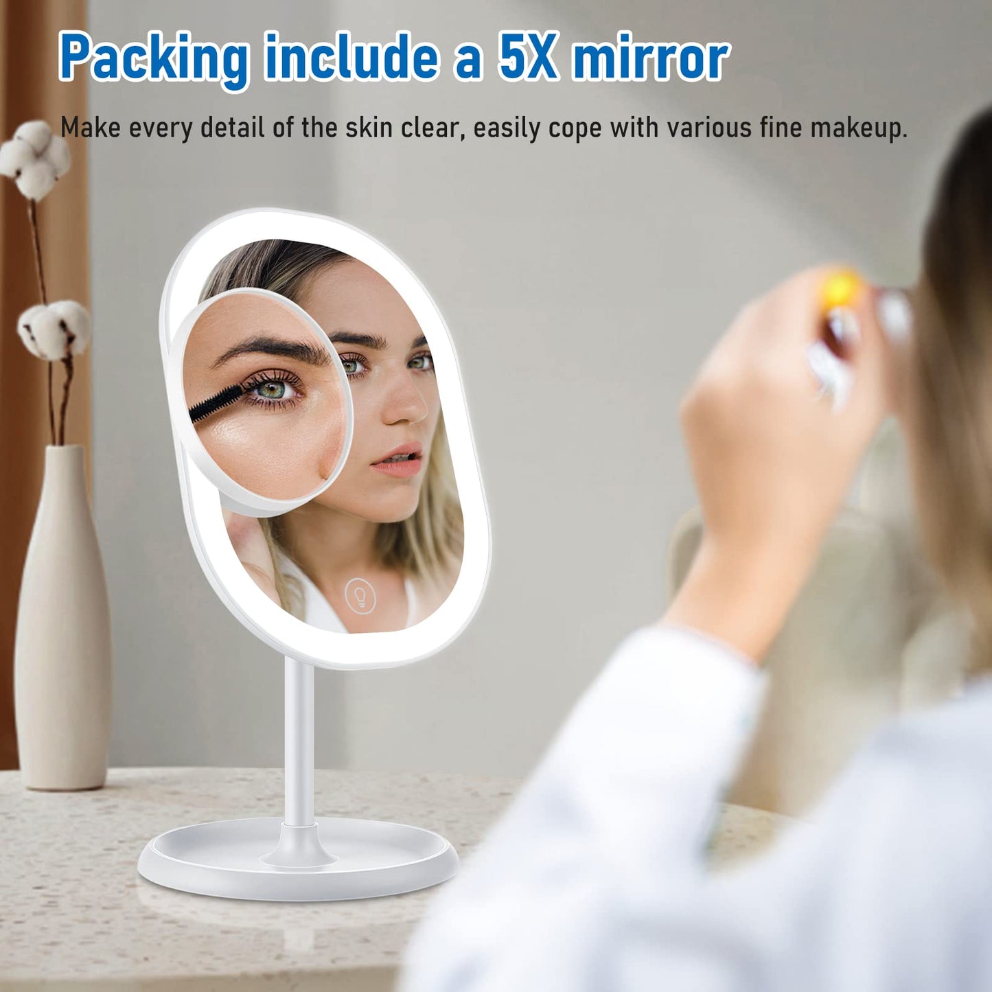 Aidodo Makeup Mirror with LED Lights, Portable and USB Rechargeable Professional Makeup Mirror, Touch Screen Switch, 180 Degree Rotation for Bedroom Makeup Shaving and Travel White