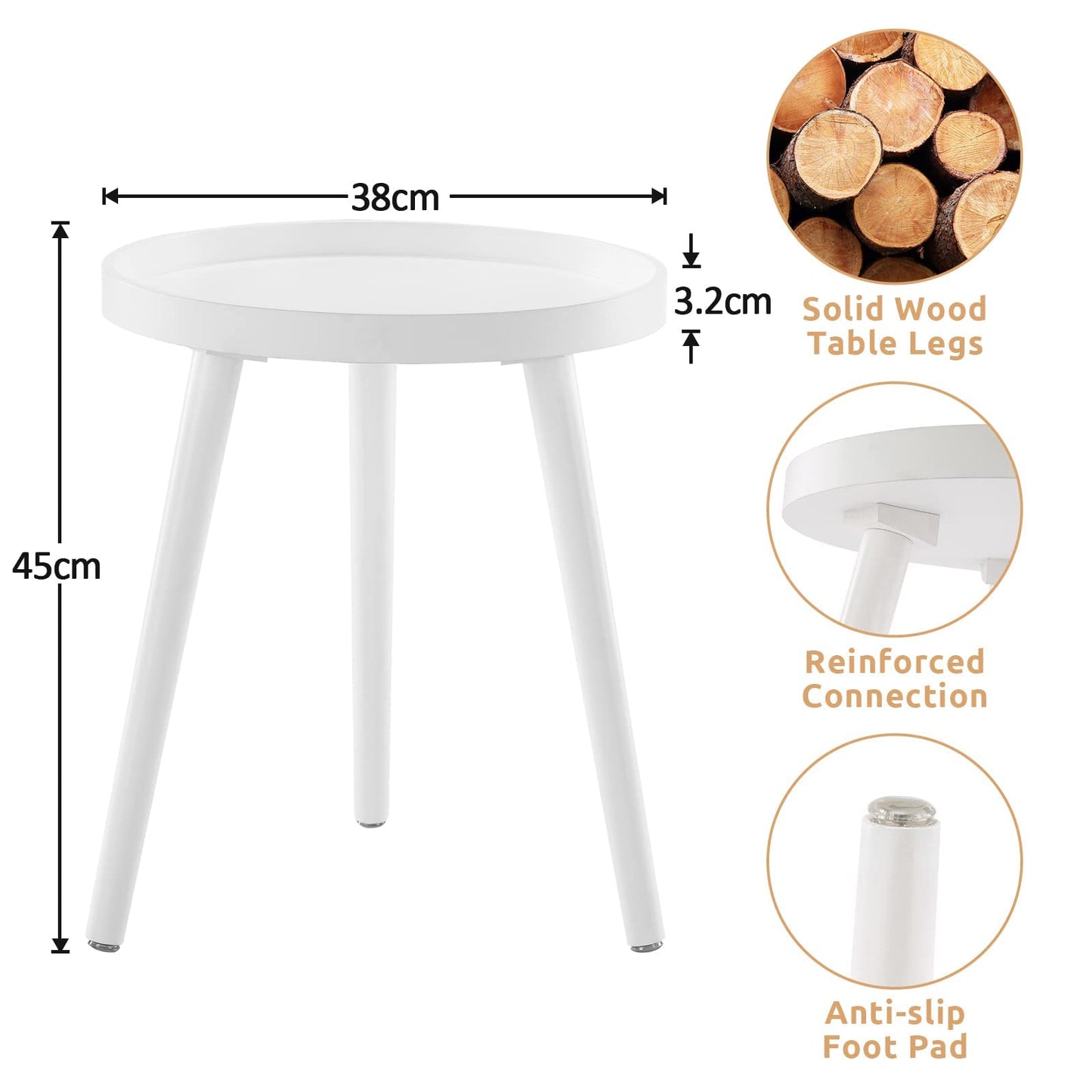 APICIZON White Side Table, Modern Coffee Tray End Table for Bedroom, Living room, Bedside Table Nightstand for Small Space, 38 x 45 cm